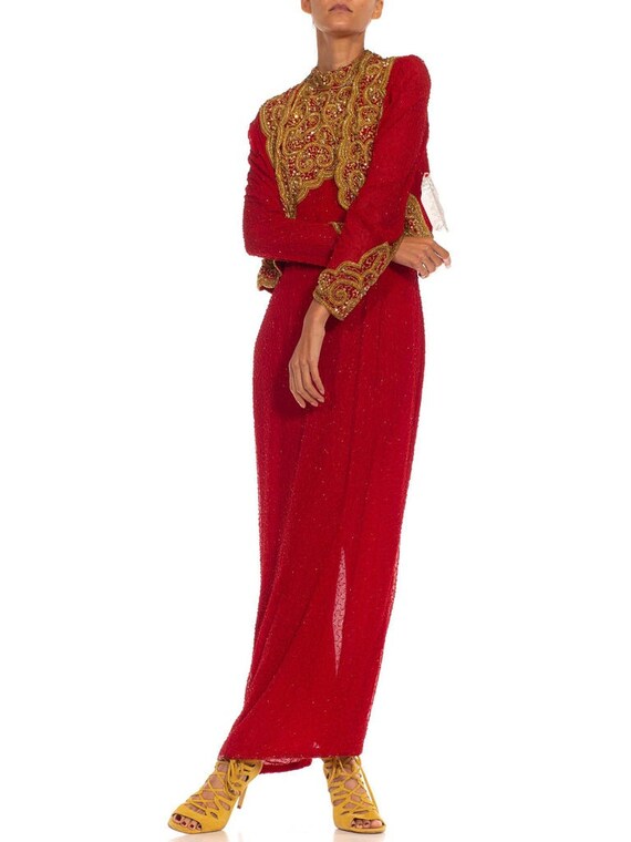 1980S Red & Gold Silk Fully Beaded Halter Gown Bo… - image 7