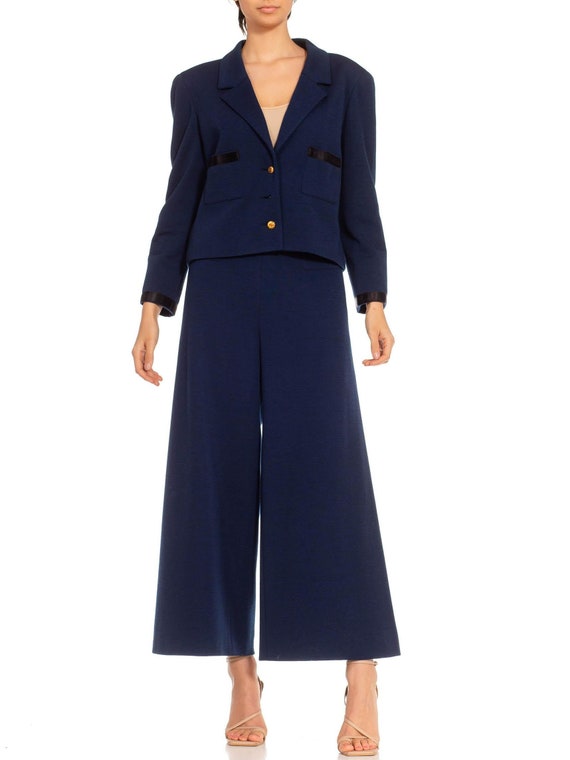 1970S Chanel Navy Blue Wool Blend Jersey Pant Suit