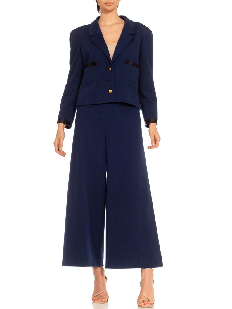 1970S Chanel Navy Blue Wool Blend Jersey Pant Suit With Black Satin Trim Gold Buttons image 1