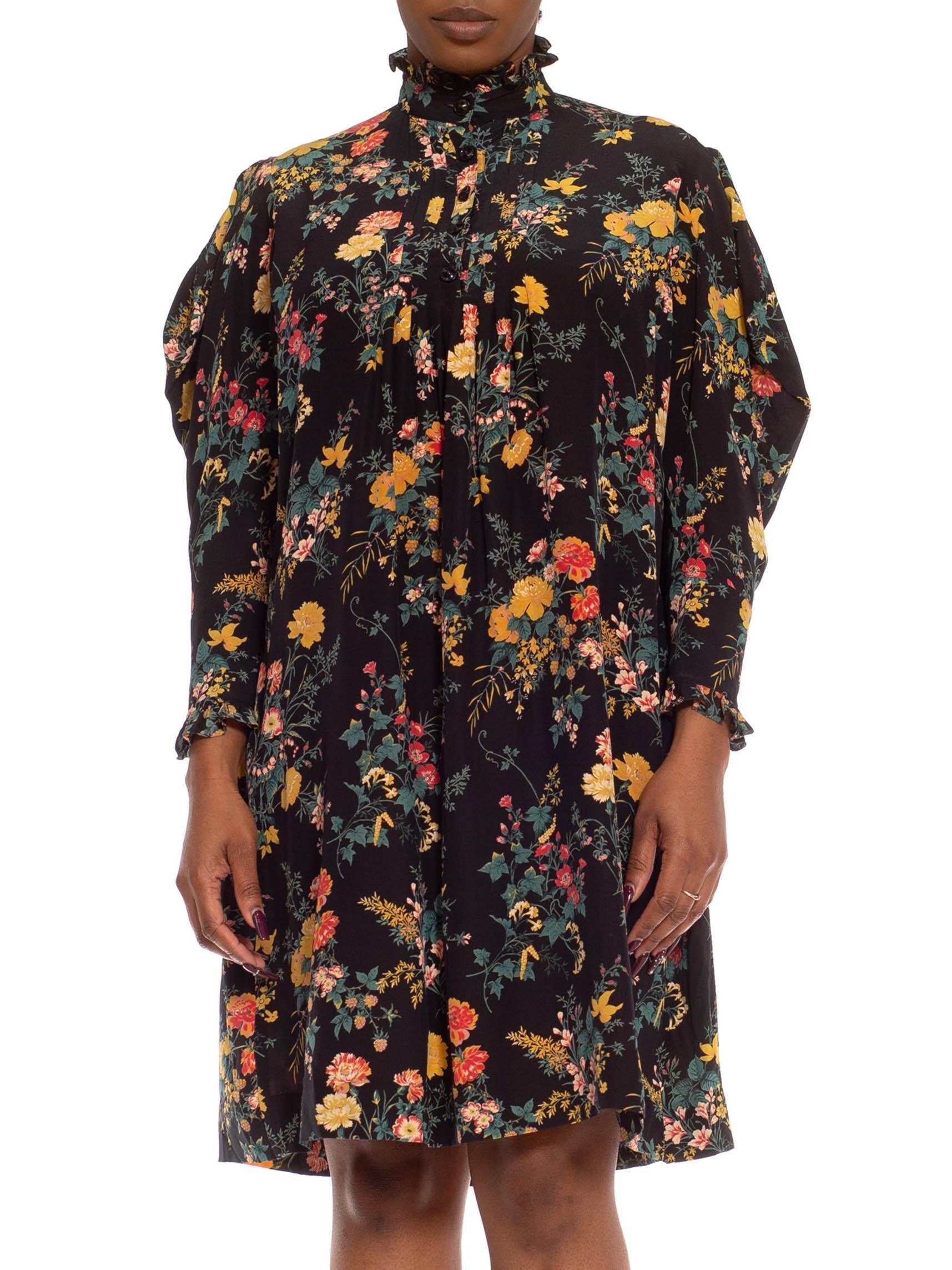 1980S Emanuel Ungaro Black & Yellow Floral Silk Oversized Boho Dress