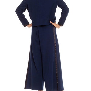 1970S Chanel Navy Blue Wool Blend Jersey Pant Suit With Black Satin Trim Gold Buttons image 3