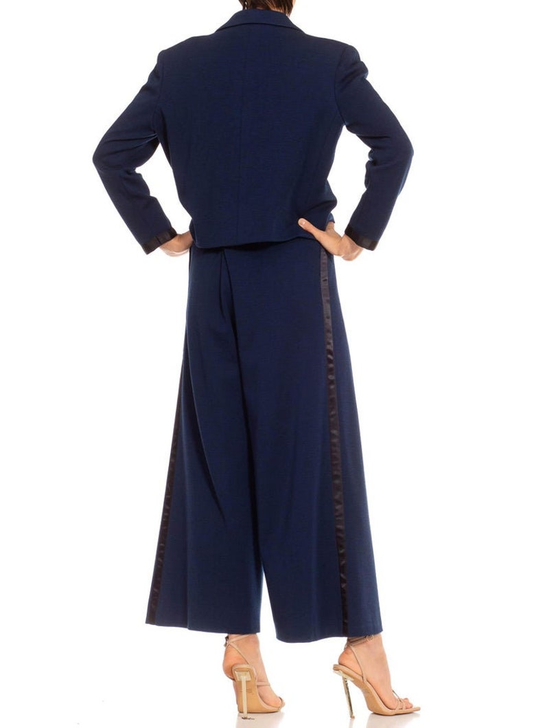 1970S Chanel Navy Blue Wool Blend Jersey Pant Suit With Black Satin Trim Gold Buttons image 3