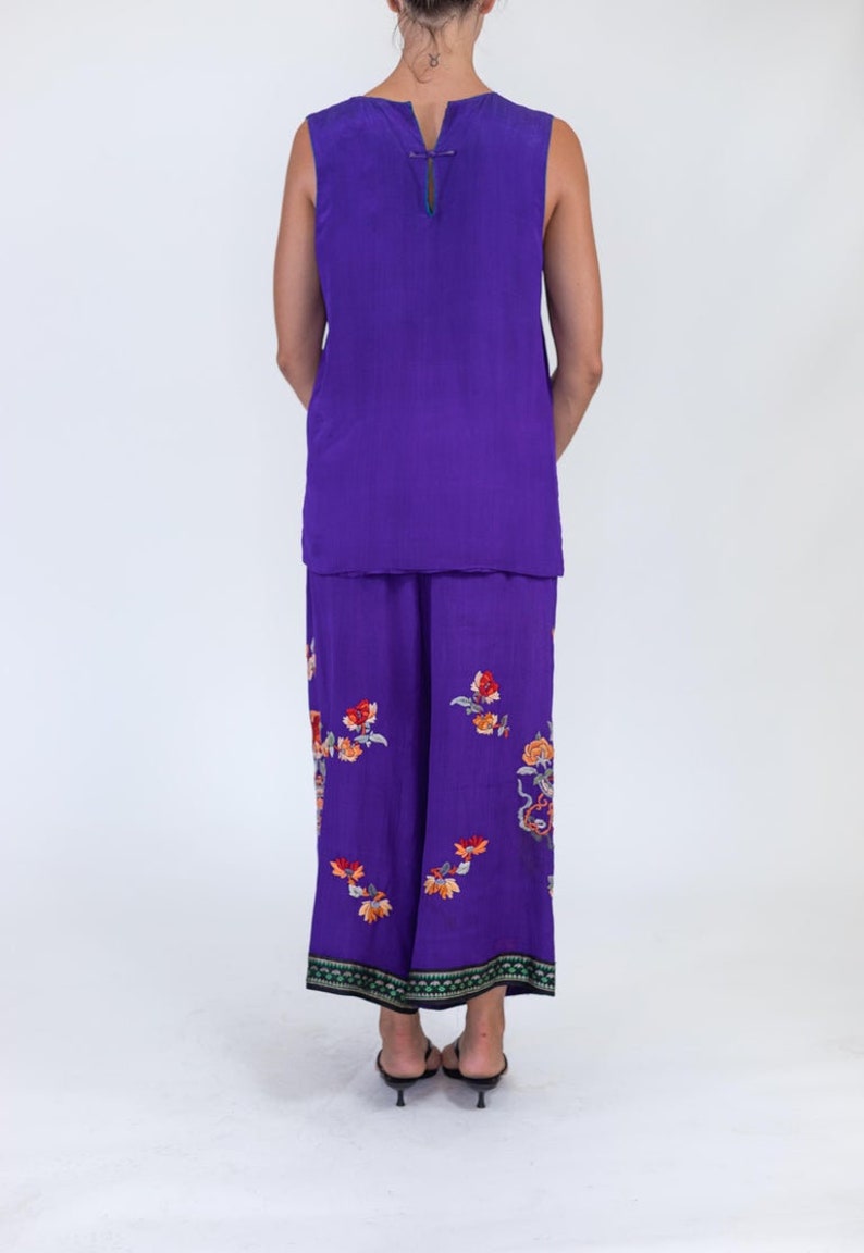 1920S Purple Hand Embroidered Silk 3-Piece Chinese Lounge Pajamas image 7