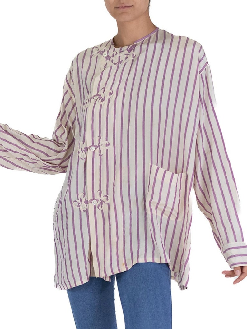 Victorian White Lavender Silk Striped Antique Pajama Top image 6