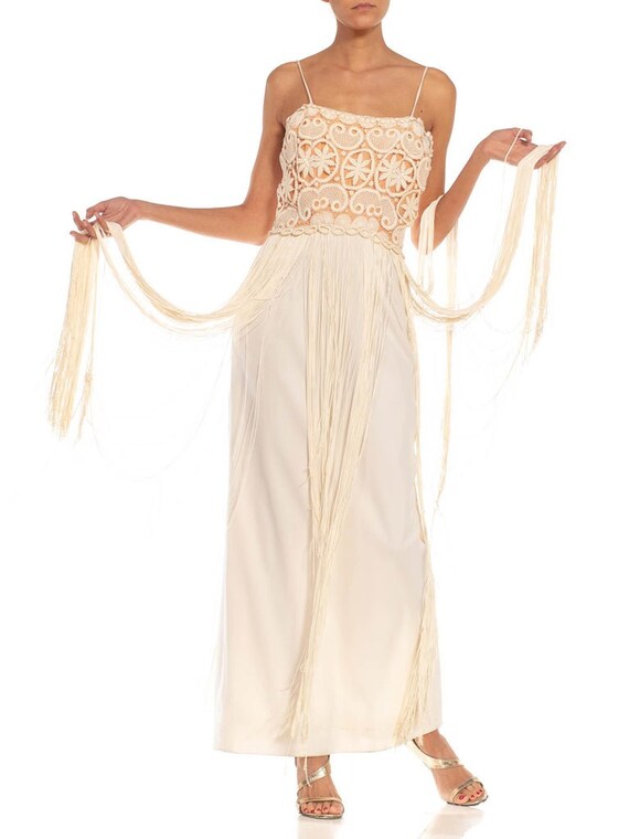 1970S Cream  Tan Lace Fringe Gown - image 8