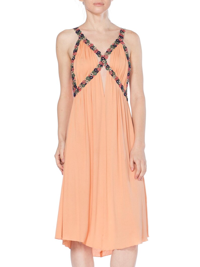 MORPHEW COLLECTION Peach Silk Jersey Dress With Cutout Front & 1930S Floral Trim image 3