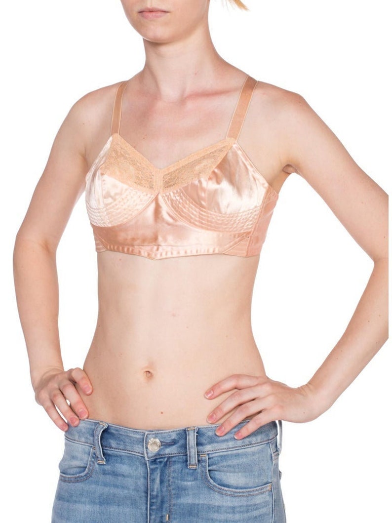 1940'S Nude Peach Cotton & Rayon Satin Bra From Paris With Mother-Of-Pearl Buttons image 1