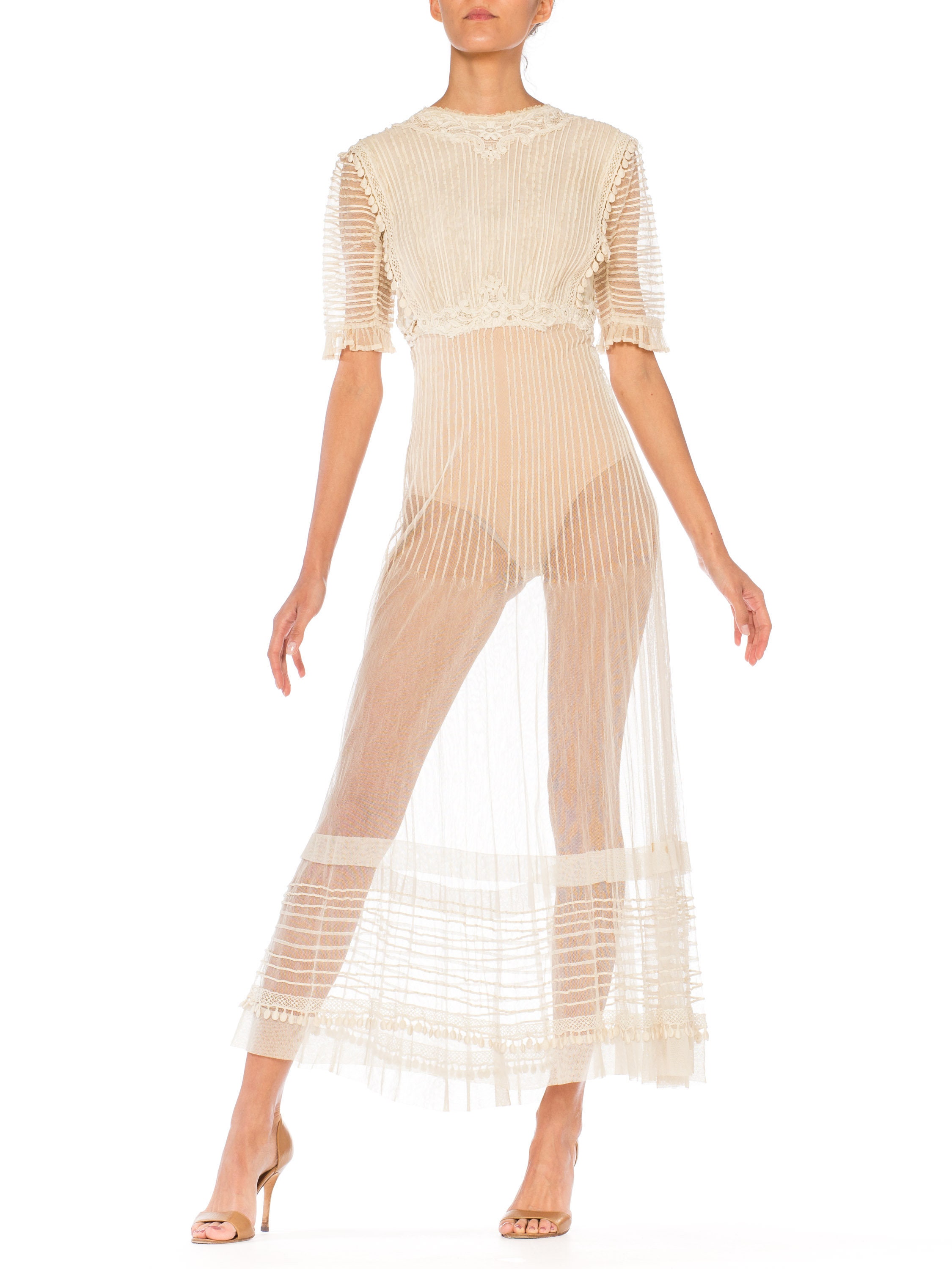 1900S Beige Cotton Tulle Exquisite Edwardian Pintucked Dress With Heavy Lace Trim