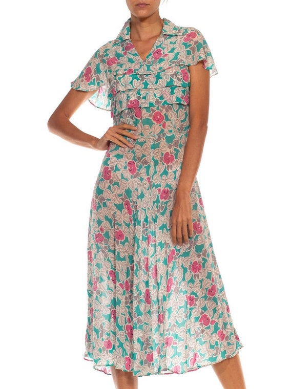 1940S Teal  White Floral Print Rayon Chiffon Dress - image 5