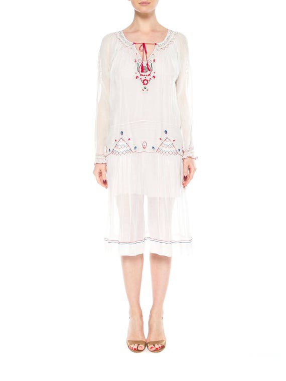 1920S White Cotton Voile Hand Embroidered Long Sle