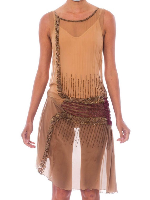1920S Tan Silk Chiffon As-Is Beaded Flapper Dress