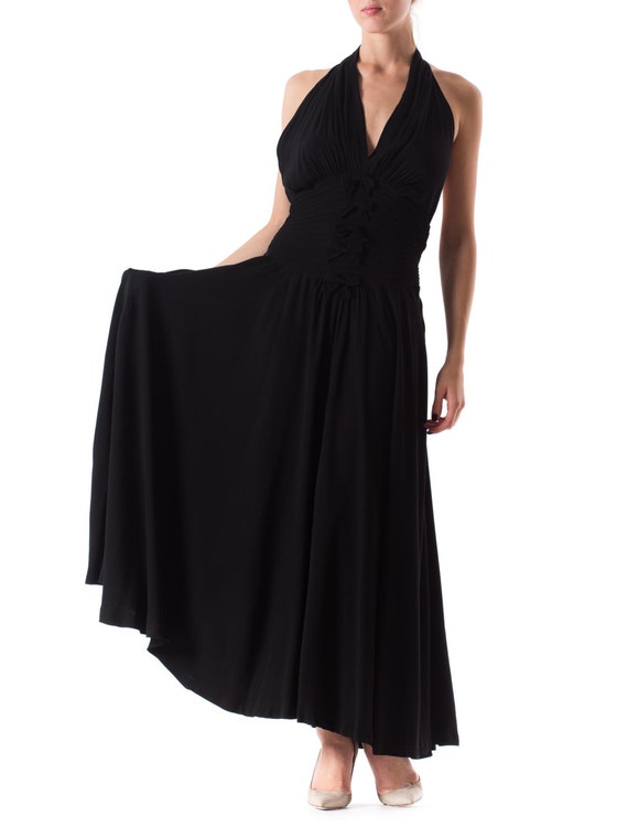 1930S Black Silk Crepe Back Satin Backless Halter