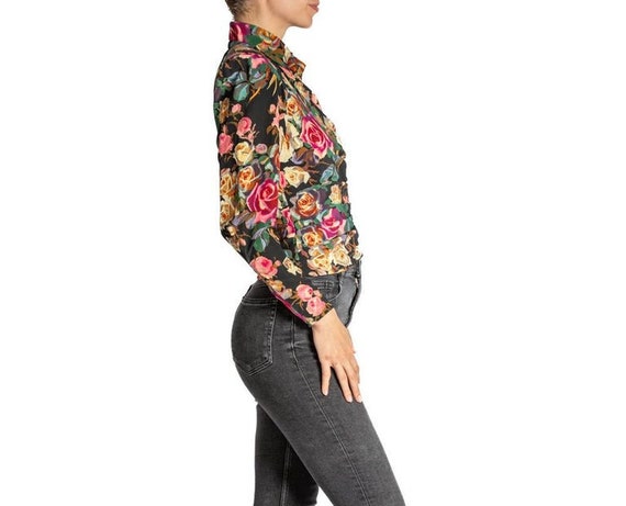 1980S Black Silk Chambray Floral Print Blouse - image 3