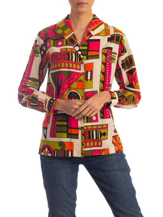 1960S Multicolor Cotton Mod Geometric Print Shirt