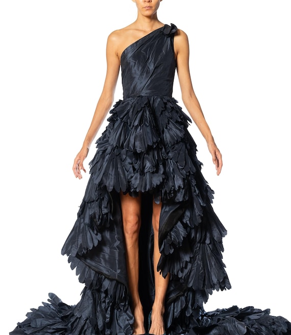 2000S Navy Blue Dramatic Silk Taffeta Trained Gown Covered In Pleated Ruffles