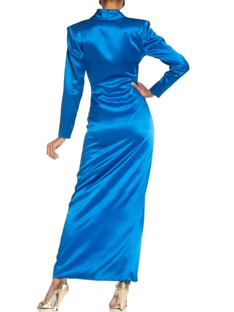 1980S Givenchy Electric Blue Haute Couture Silk Double Faced Satin Sleeved Gown With Slit Sash image 6