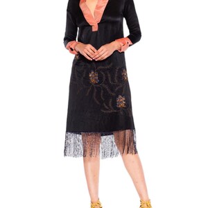 1920S Morphew Collection Black Pink Silk Faille Embroidered Dress With Beaded Fringe image 4