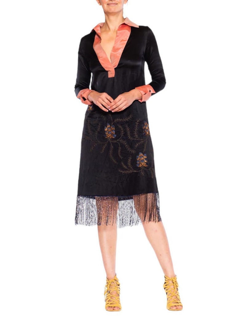 1920S Morphew Collection Black Pink Silk Faille Embroidered Dress With Beaded Fringe image 4