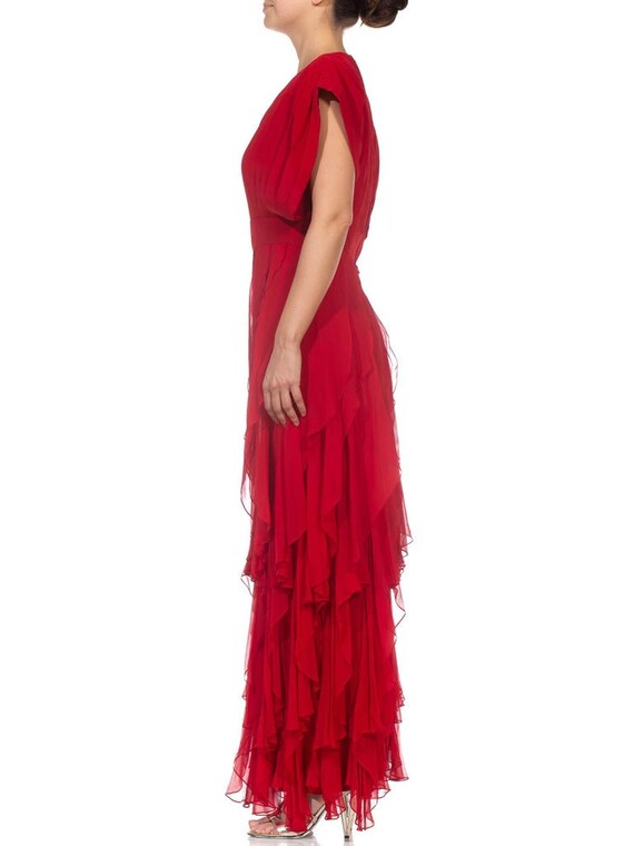 1980S Red Silk Chiffon Pleated Bodice Gown With B… - image 2