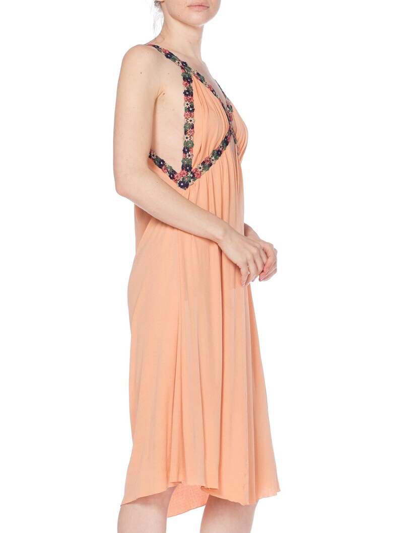 MORPHEW COLLECTION Peach Silk Jersey Dress With Cutout Front & 1930S Floral Trim image 4