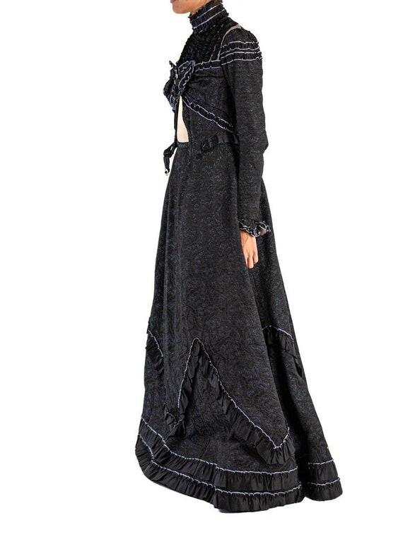 Victorian Black Silk  Wool Jacquard Blue Ruffled … - image 5