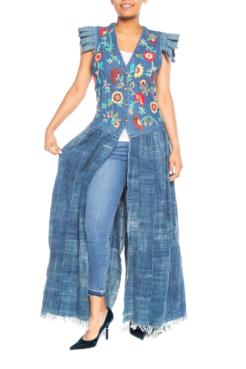 MORPHEW COLLECTION Floral Embroidered Cotton Denim & African Indigo Maxi Duster image 2