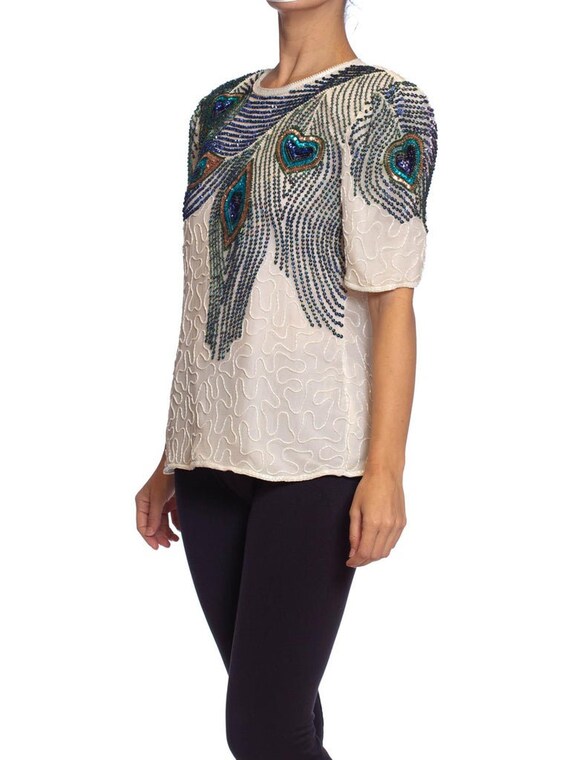 1980S Off White Silk Beaded Peacock Feathers Top - image 7