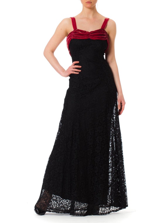 1930S Black Rayon Lace Bias Cut Gown With Raspber… - image 1