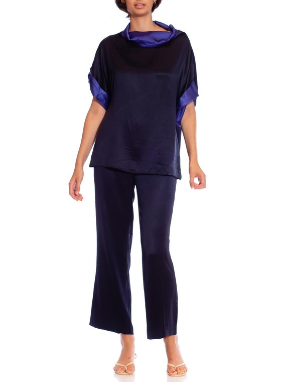 1990S Escada Black  Blue Silk Satin Loose Top Pant