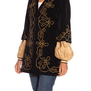 1900S Antique Black Cotton Velvet Medieval Theatrical Costume Jacket With Gold Braid Details image 6