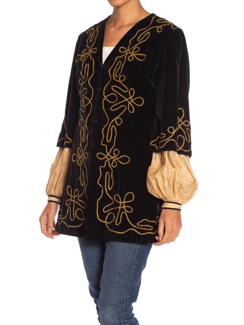 1900S Antique Black Cotton Velvet Medieval Theatrical Costume Jacket With Gold Braid Details image 6