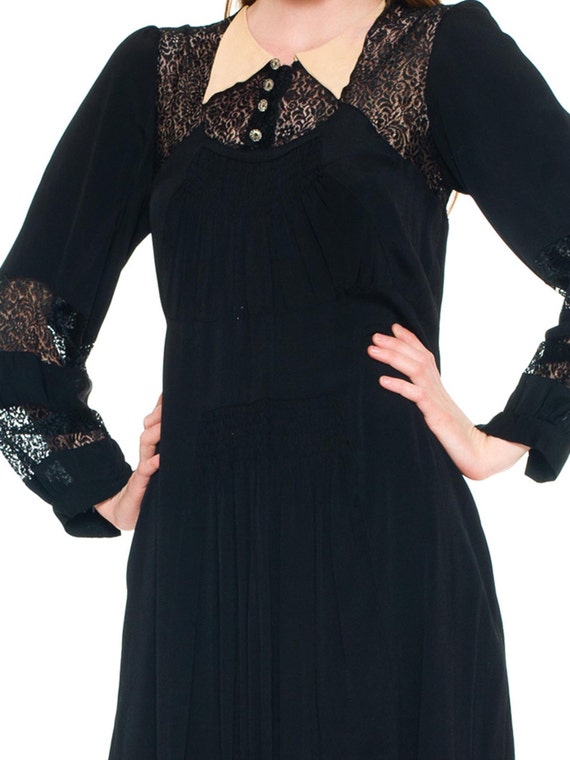 1930S Black Silk Faille & Lace Collared Dress With Sl… - Gem