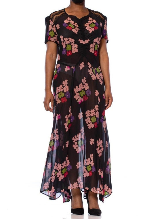 1930S Black Silk Chiffon Pink Floral Dress With La