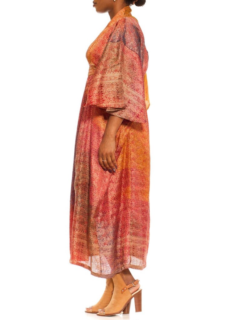 Morphew Collection Orange Yellow Multicolor Metallic Gold Silk Kaftan Made From Vintage Saris image 2