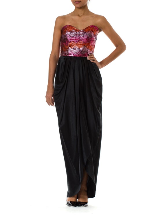 1980S Black & Pink Silk Lurex Satin Lamé Jacquard
