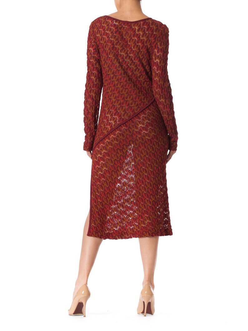 1970S MISSONI KNIT Style Burgundy Silk Long Sleeve Dress With Side Slit image 5