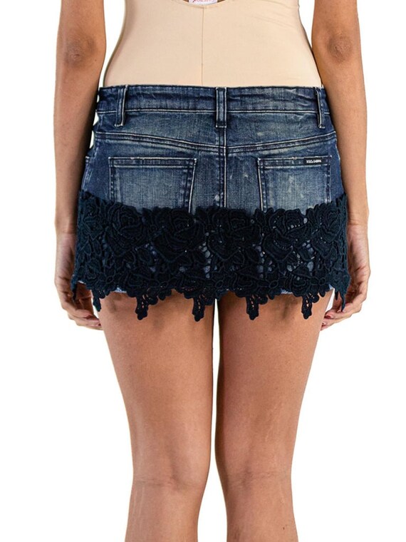 スカート DOLCE&GABBANA denim miniskirt 00s y2k 2000S Dolce Gabbana Blue Cotton Denim Black Lace Trimmed