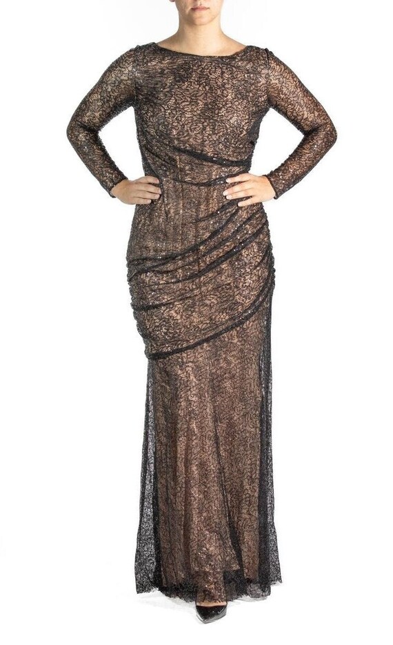 2000S Black Nude Lace Sequined Gown Long Sleeve - Etsy 2000S Black Nude Lace Sequined Gown Long Sleeve - Etsy