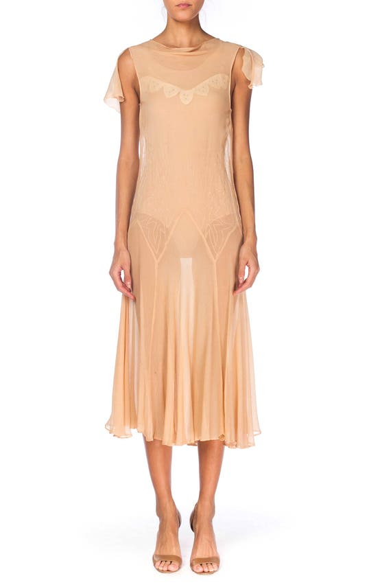 1920S Blush Pink Silk Crinkle Chiffon Drop Waist S