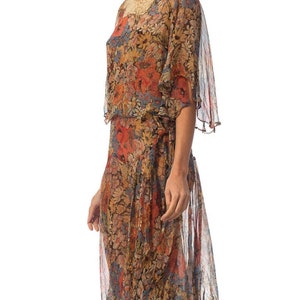 1920S Earth Tone Floral Silk Mousseline Dress With Lace Collar & Caped Bodice image 4