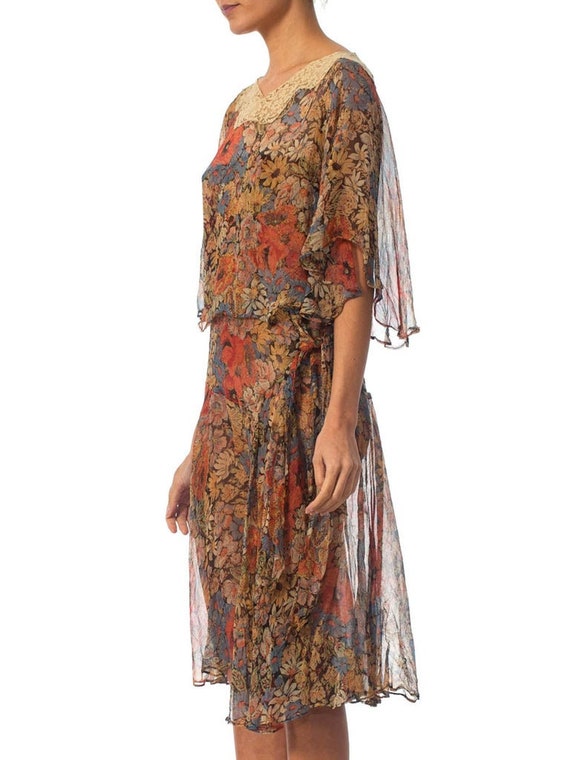 1920S Earth Tone Floral Silk Mousseline Dress Wit… - image 4
