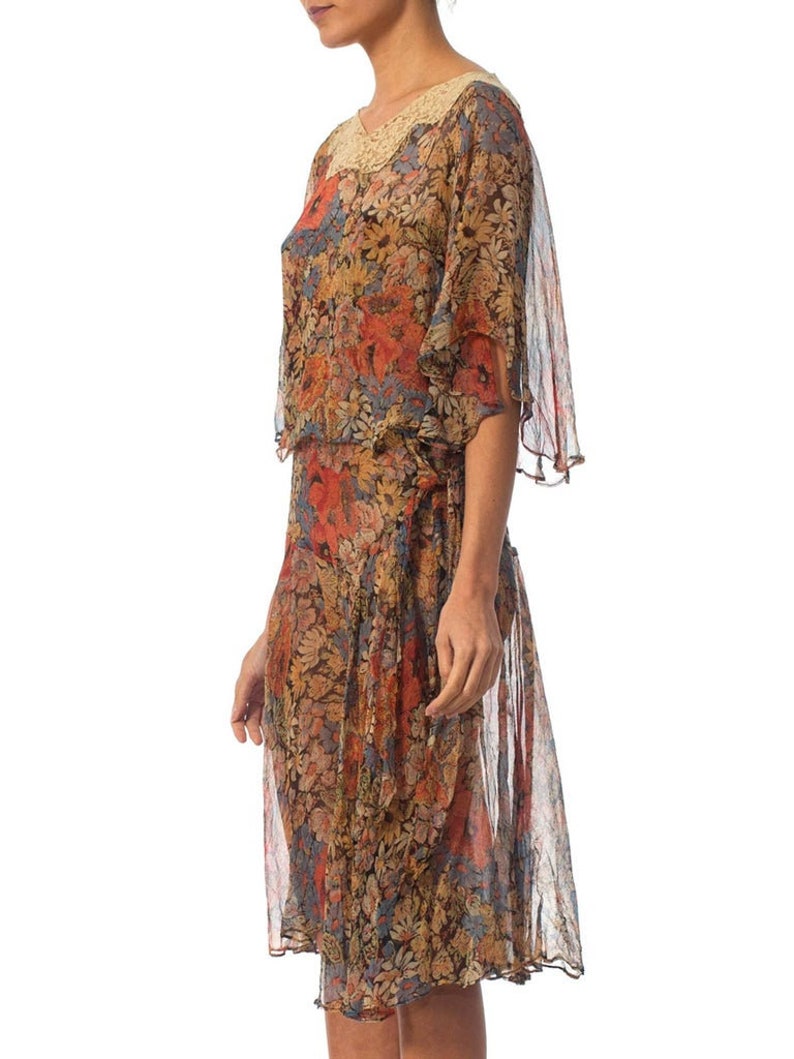 1920S Earth Tone Floral Silk Mousseline Dress With Lace Collar & Caped Bodice image 4