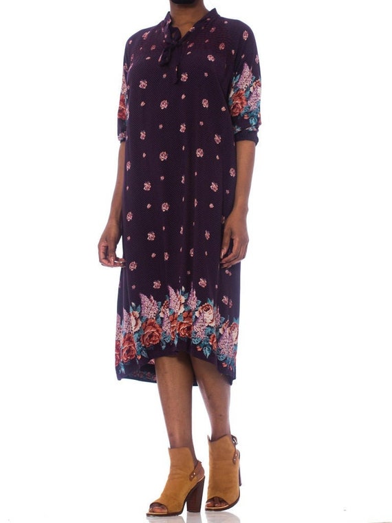 1970S Purple & Blue Floral Rayon Boho Loose Size D