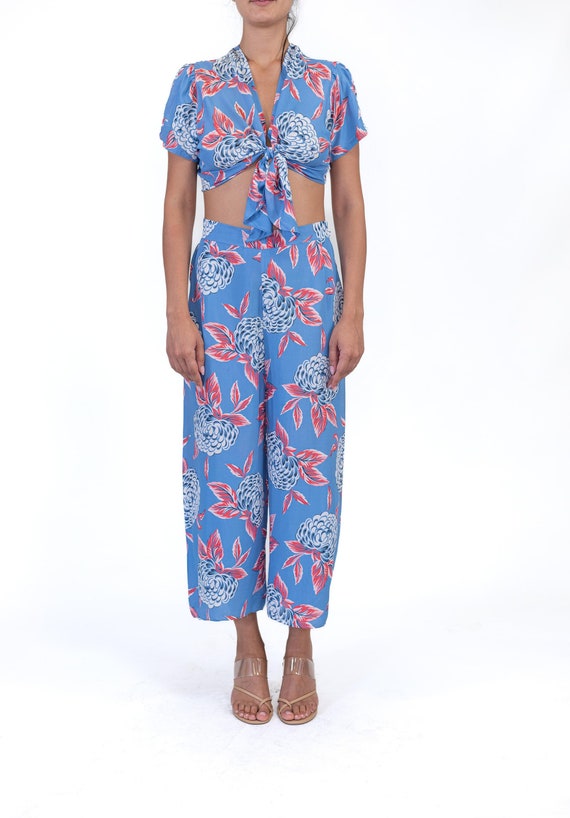 1940S Blue  Pink Cold Rayon Floral Crop Top Pants… - image 1