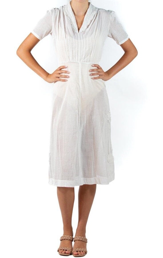 1930S White Bias Cut Organic Cotton Dress With Ha… - image 1