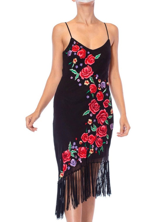 1990S Black Bias Cut Silk Chiffon Floral Embroider