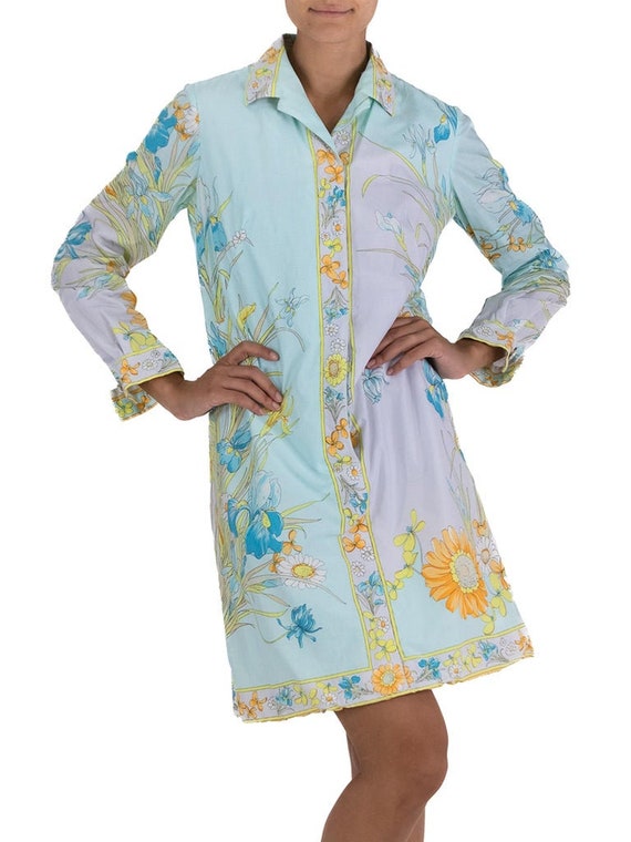 1970S Aqua Blue Shirt Dress With Flower Print - image 7