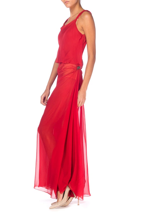 1930S Red Sheer Silk Chiffon Bias-Cut Gown With D… - image 4