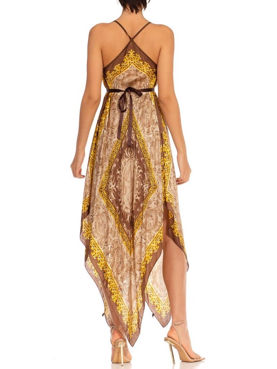 1970S Brown Gold Silk Satin Medallion Print With Borders Scarf Dress