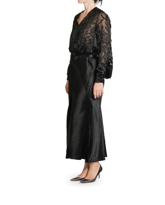 1930S Black Silk Satin Bias Cut Long Sleeve Gown - Gem